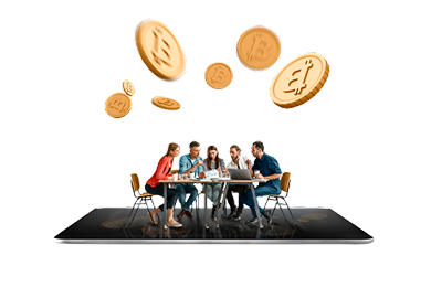 Illustration of people discussing crypto with coins floating above them